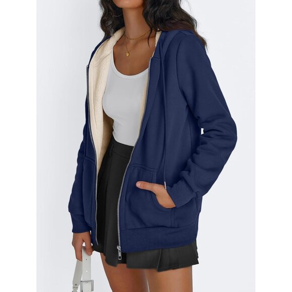 Womens Navy Fleece Lined Zip Up Hoodie Jacket Winter Sweatshirt Fall Coat - Picture 3 of 5